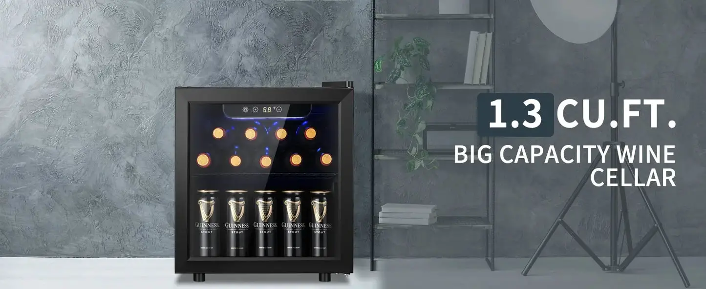 12 Bottle 48 Can Wine Cooler/Cabinet Beverage Refrigerator, Mini Fridge Low Noise Clear Glass Door Wine Cellar, 1.3 cu.ft Black