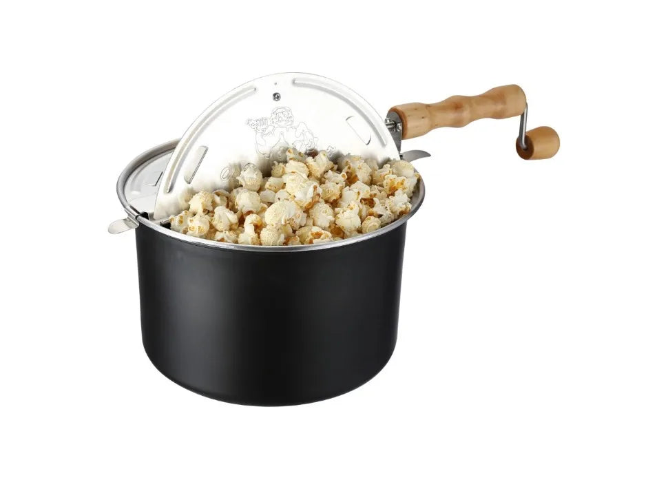 Maszyna do popcornu na kuchence – 6,5-kwartowa patelnia do popcornu z drewnianą korbką i wewnętrznym mieszadłem do ziaren (czarna)