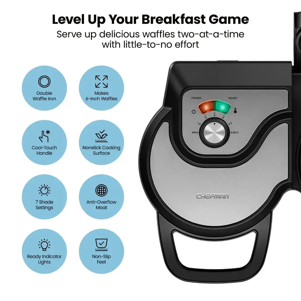 Double Waffle Maker, 6-Inch,2 at a time, 7 Shade Temp Control, Non-Stick, Stainless Steel, mini waffle maker