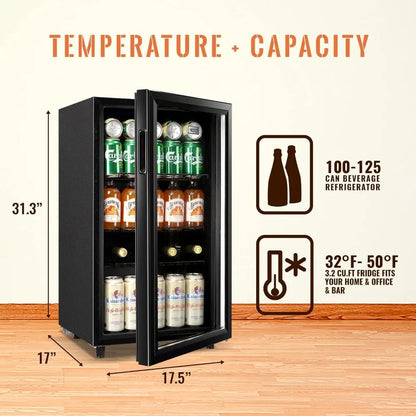 Mini Fridge Glass Door 120 Cans Beverage Refrigerator Small Wine Cooler Clear Front Drinks Fridge with 7 Thermostat LED Lights