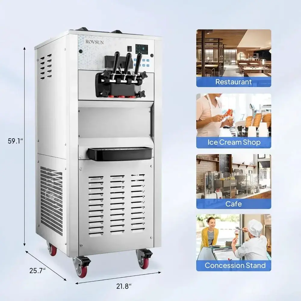 Commercial ice cream machine 10.6 gallons/hour with wheels, 3 flavors, LCD touch screen automatic cleaning, 2600W