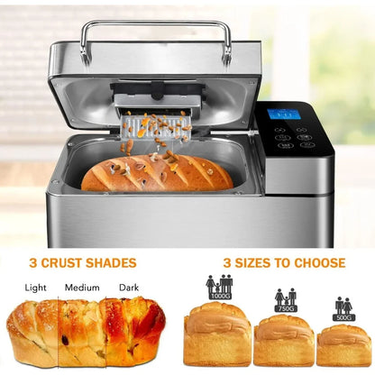 Stainless steel bread maker, 2-pound 17-in-1 programmable XL bread maker, non stick ceramic disc and digital touch screen