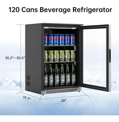 120 Can Mini Fridge with Glass Door, 20 Inch Beverage Fridge with Lock & LED Light, Auto Defrost, 36-50°F Freestanding Cooler