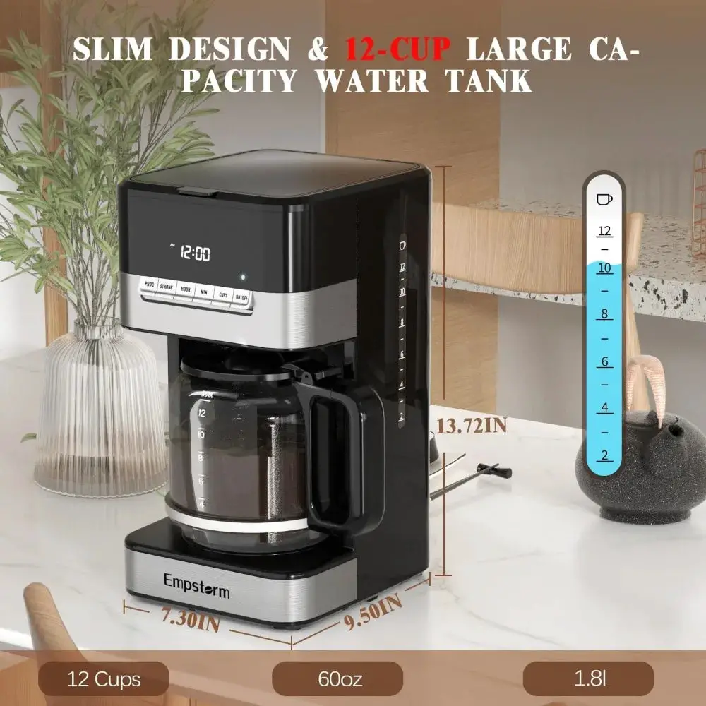 Programmable Drip Coffee Maker 4-12 Cup with Glass Carafe, 4-Hour Auto Shut Off & Keep Warm, Anti-Drip System, Strong Brew