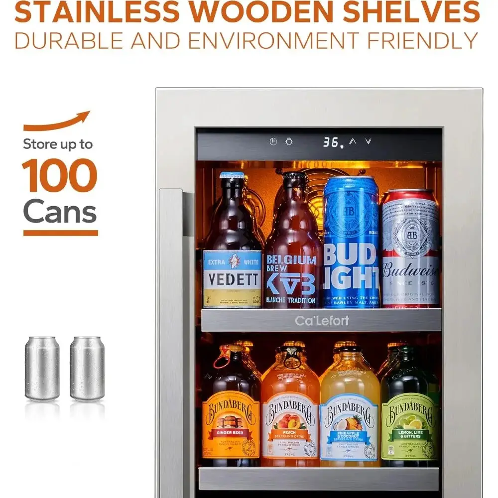 Independent 15 inch beverage refrigerator, capable of storing 100 cans of beverages. Refrigerator 34 ° F -54 ° F