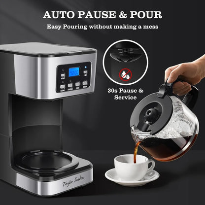 12-Cup Programmable Coffee Maker, Brew Drip Coffee Machine, Pause & Serve, Auto Shut Off, Black & Stainless Steel