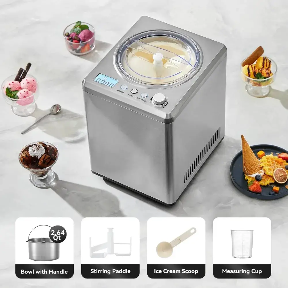 2.5L Automatic Ice Cream Maker Machine with Built-in Compressor - No Pre-Freezing, 3 Modes, LCD Display, Timer,8 Hours Keep Cool