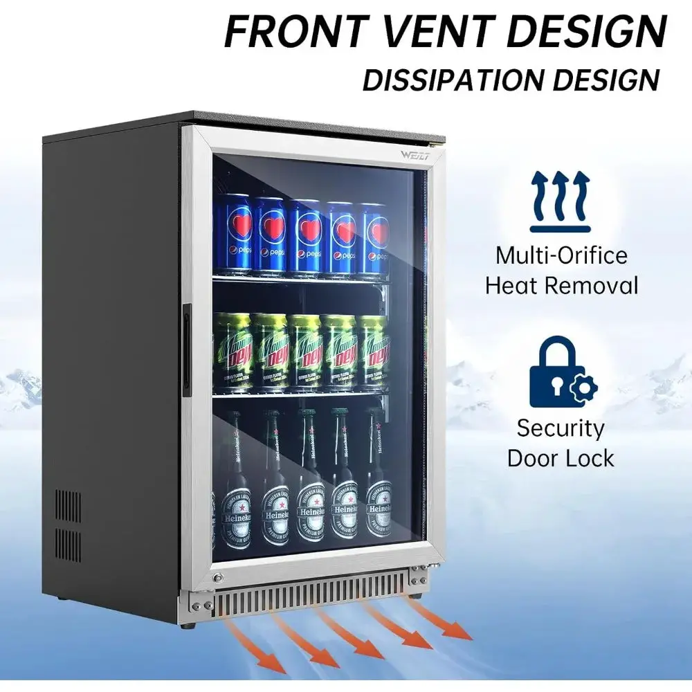 120 Can Mini Fridge with Glass Door, 20 Inch Beverage Fridge with Lock & LED Light, Auto Defrost, 36-50°F Freestanding Cooler