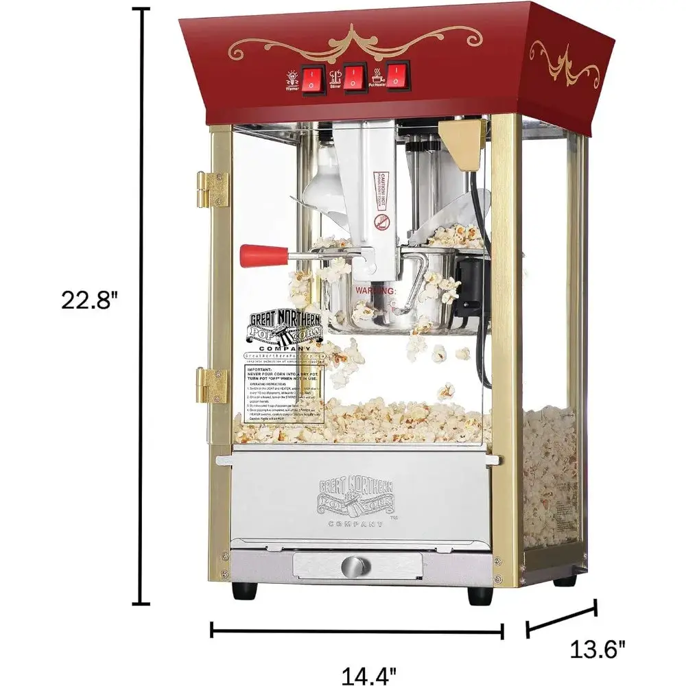 Popcorn Red Movie Theater Style 8 Ounce, Antique Popcorn Machine, Built with Stainless Steel and Tempered Glass Food Zones