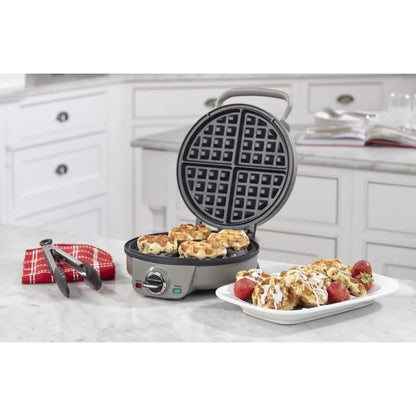 Mini Belgian Waffle Maker, Round Mini Waffle Iron, 6-setting adjustable browning control, Silver, Non-Stick Cooking Surface