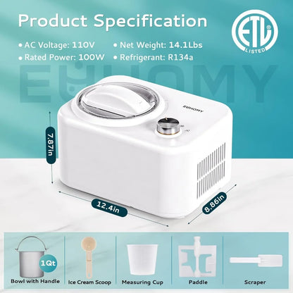 1 Quart Auto Ice Cream Maker with Compressor, No Pre-freezing, 3 Modes Gelato Maker, Keep Cool Function, Frozen Yogurt Machine