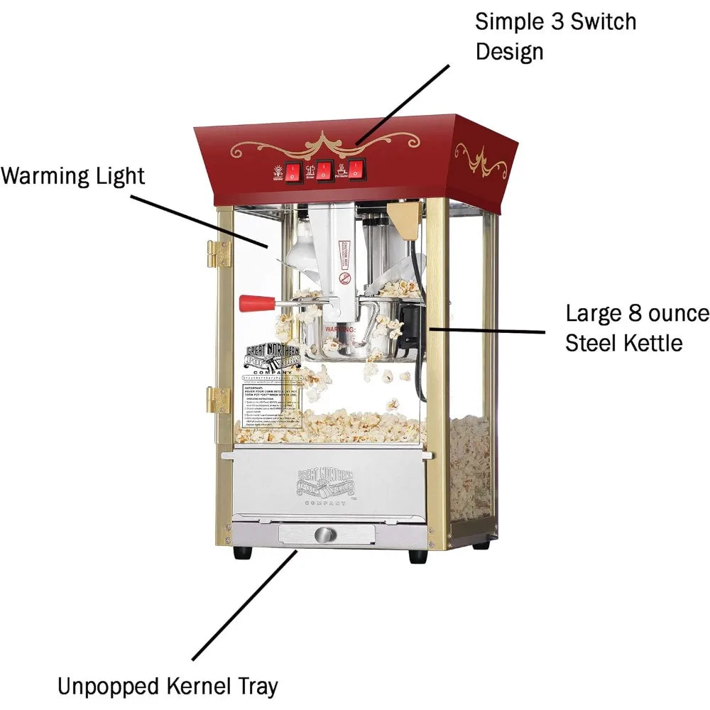 Popcorn Red Movie Theater Style 8 uncji, antyczna maszyna do popcornu, wykonana ze stali nierdzewnej i hartowanego szkła, strefy żywności