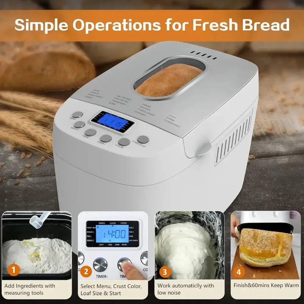 Bread maker 3LB dough maker, 15 in 1 automatic bread maker with non stick bowl, jam and yogurt, 3 different bread sizes