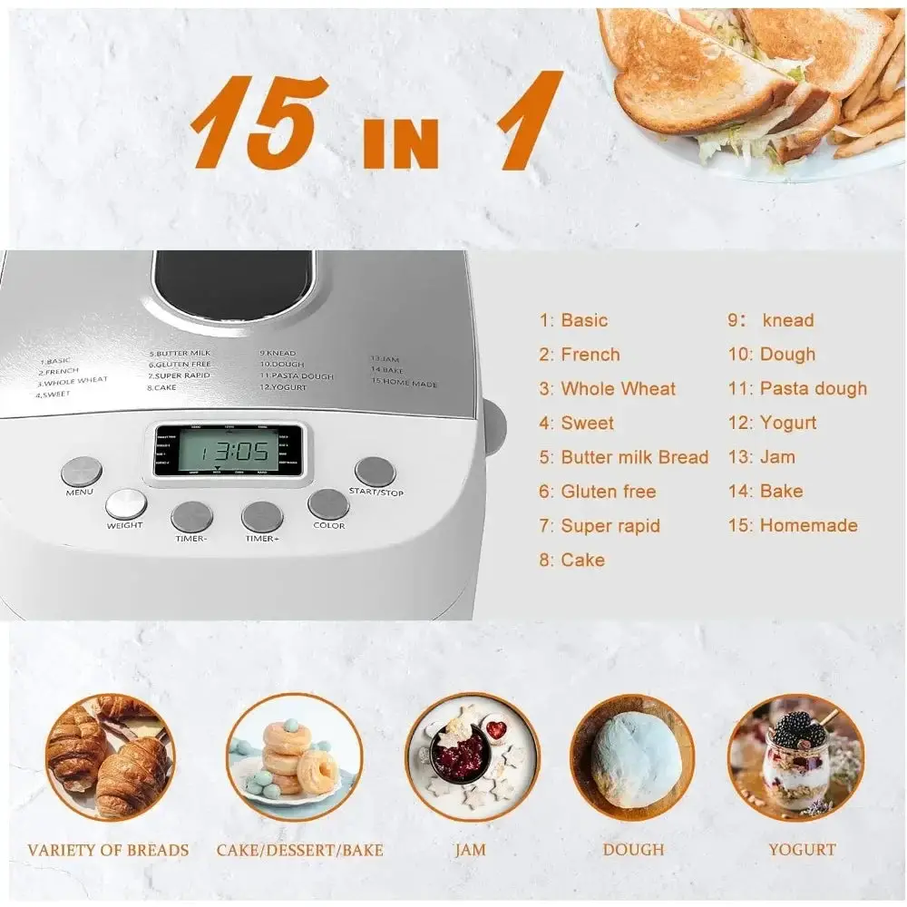 Bread maker 3LB dough maker, 15 in 1 automatic bread maker with non stick bowl, jam and yogurt, 3 different bread sizes