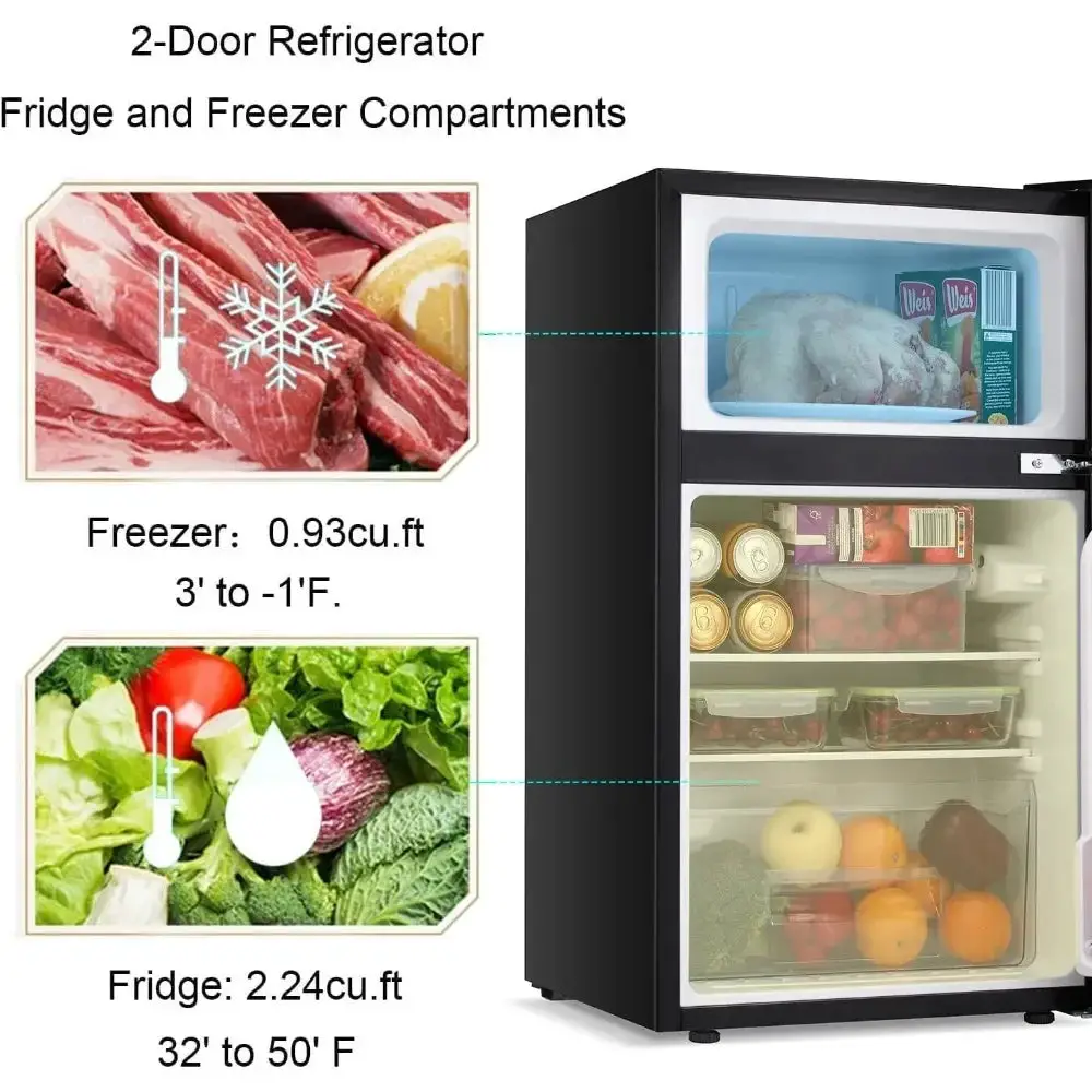 Mini refrigerator 3.2Cu Ft compact defrosting double door freezer for energy-saving storage of beverages, vegetables, and fruits