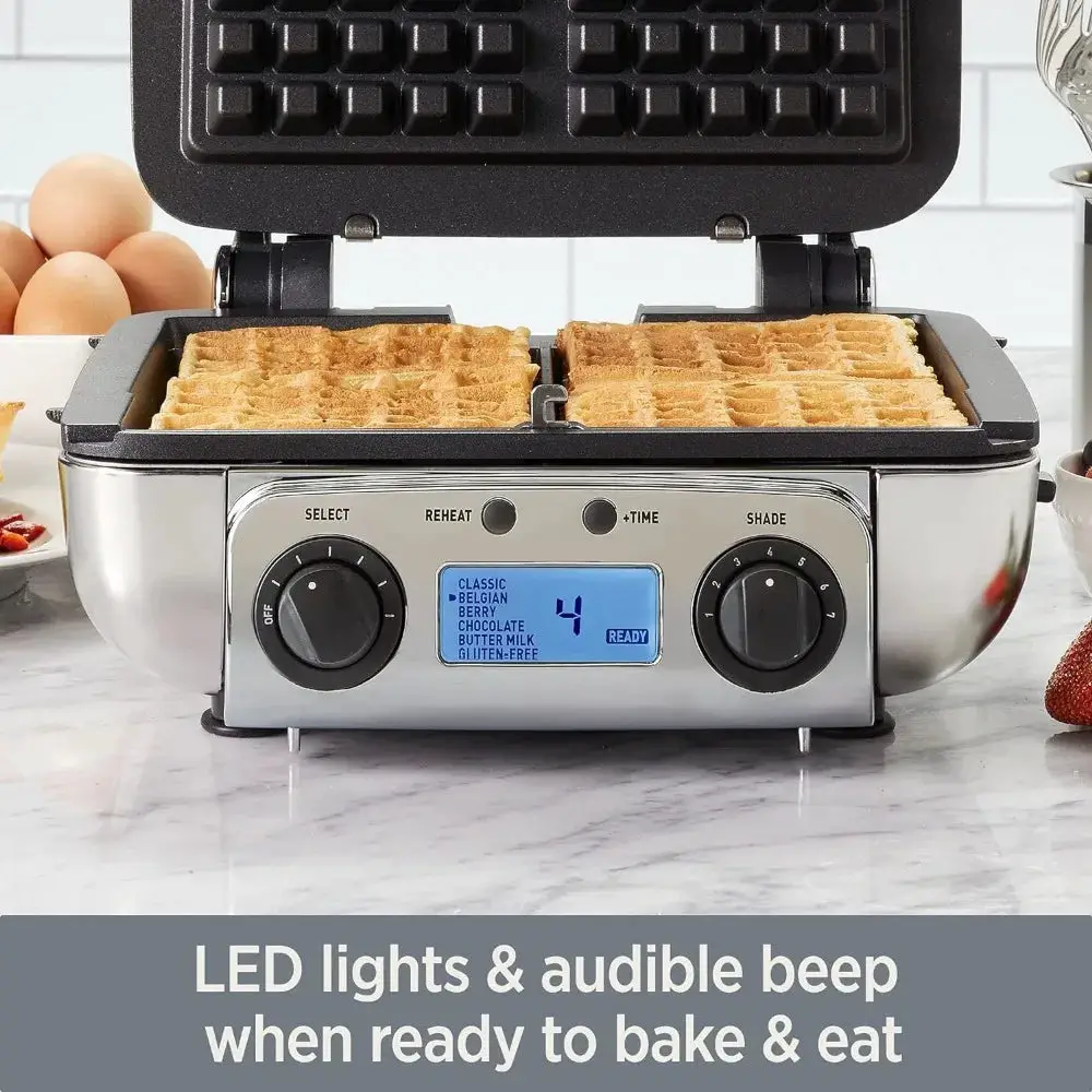 Gourmet Digital Waffle Maker with Removable, Dishwasher-safe Plates. 4 slices, coated with a PFOA-free nonstick, Silver