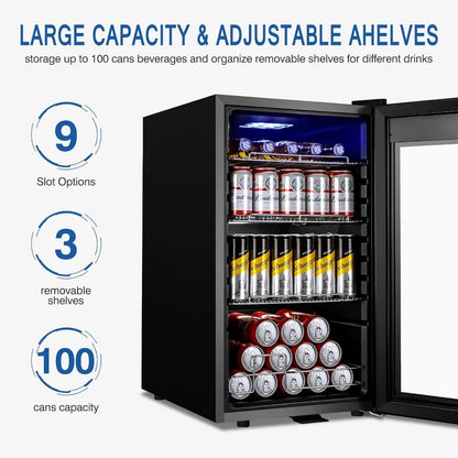 Beverage Refrigerator and Cooler Freestanding, 96 Cans Mini Fridge with glass door and Lock, Small Drink Fridge, with LED Light