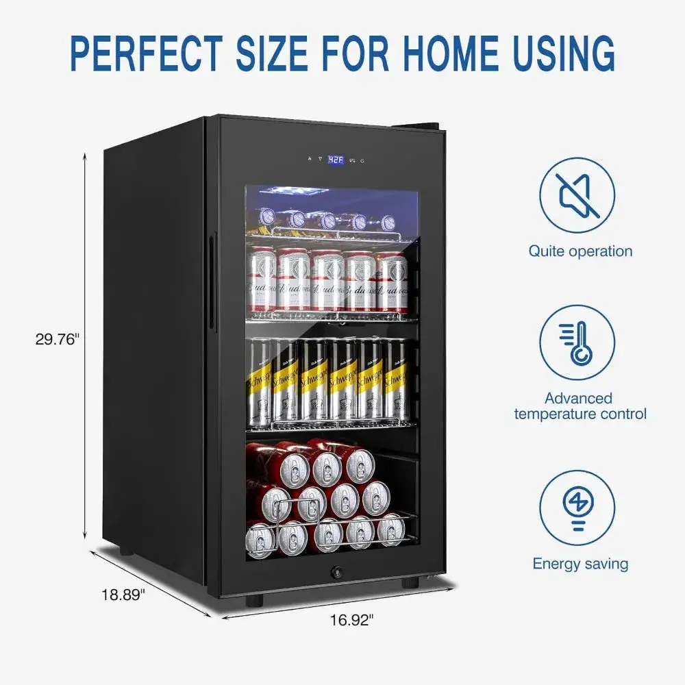 Beverage Refrigerator and Cooler Freestanding, 96 Cans Mini Fridge with glass door and Lock, Small Drink Fridge, with LED Light