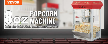 Commercial Popcorn Machine, 8 Oz Kettle, 850 W Countertop Popcorn Maker, with 3-Switch Control Steel Frame Tempered Glass Doors