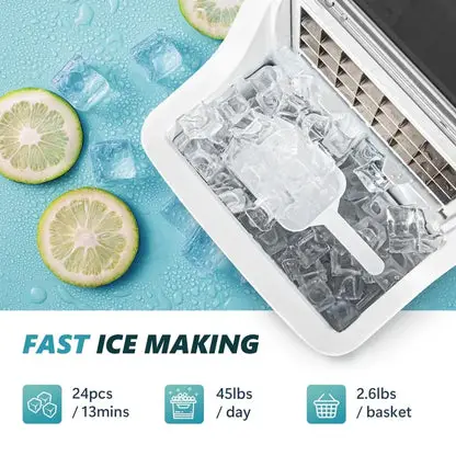 Ice Cube Maker Machine Countertop, 2 Ways to Add Water, 45Lbs/Day, Self-Cleaning Portable Compact, with Ice Scoop & Basket