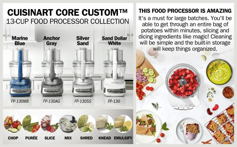 13-Cup Multifunctional Food Processor, Stainless-Steel Blades, High/Low/Pulse speeds, 950-Watt Motor, White