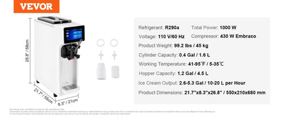 Commercial Ice Cream Maker, Countertop Soft Serve Machine with 4.5L Hopper 1.6L Cylinder Touch Screen Puffing Shortage Alarm