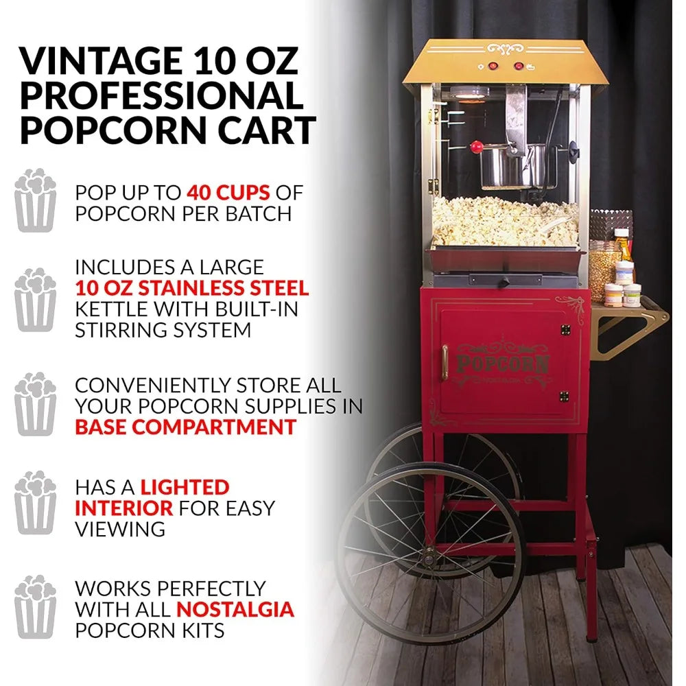 Maszyna do popcornu, profesjonalny wózek z czajnikiem 10 oz, robi do 40 filiżanek, zabytkowa maszyna do popcornu w stylu kina, czerwona
