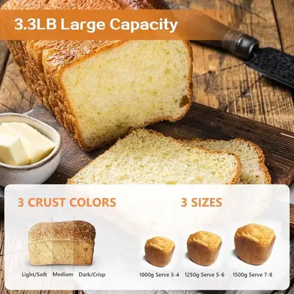 Bread maker 3LB dough maker, 15 in 1 automatic bread maker with non stick bowl, jam and yogurt, 3 different bread sizes