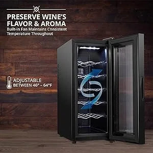 12 Bottle Red and White Wine Thermoelectric Wine Cooler/Chiller, Countertop Wine Cellar with Digital Temperature Display, Black