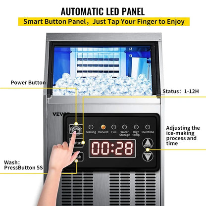 Commercial Ice Maker with 33LBS Bin, Stainless-Steel Construction, Automatic Operation, Include Water Filter, Connection Hose