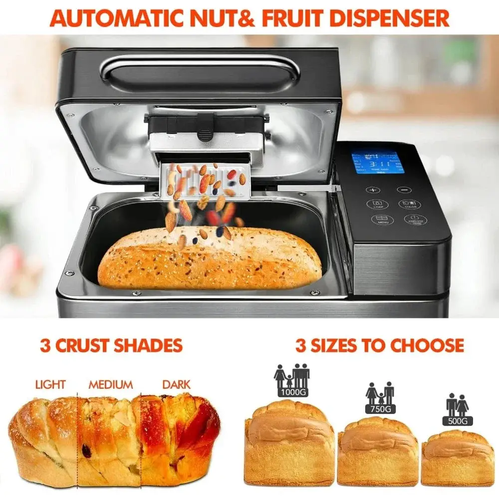 17-in-1 bread maker, 710W dual heater bread maker, 2LB stainless steel bread maker, with nut dispenser and ceramic pot