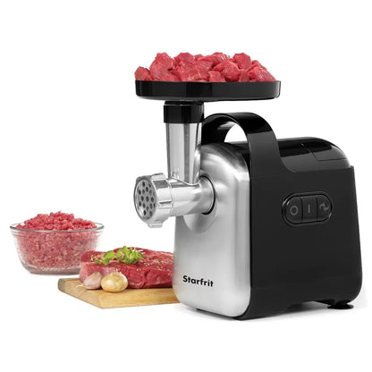 250-Watt Stainless Steel Electric Meat Grinder, Black, 2.2 lbs, with reverse function, Includes sausage and kebbe attachments