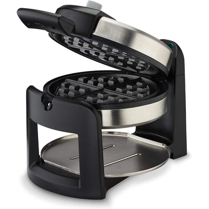 Round Flip Belgian Waffle Maker, Black/Silver, 1 inch thick, waffle maker mini