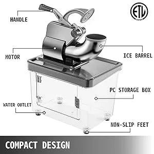 Commercial Ice Crusher, 300W Electric Snow Cone Machine with Dual Blades, Stainless Shaved Ice Machine with Safety On/Off Switch