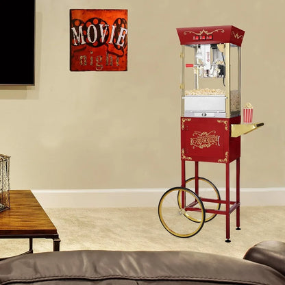 8 Ounce Antique Popcorn Machine and Cart, popcorn popper Red Movie style, With Stainless Steel and Tempered Glass Food Zones