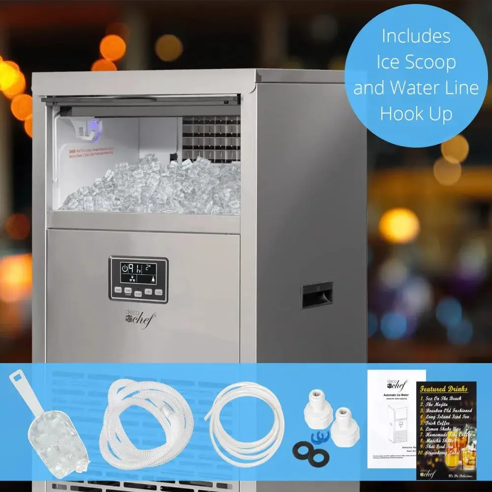 Commercial Ice Maker 99lb Every 24 Hours 33lb Storage Capacity, Stainless Steel, Includes Connection Hoses and Ice Scoop