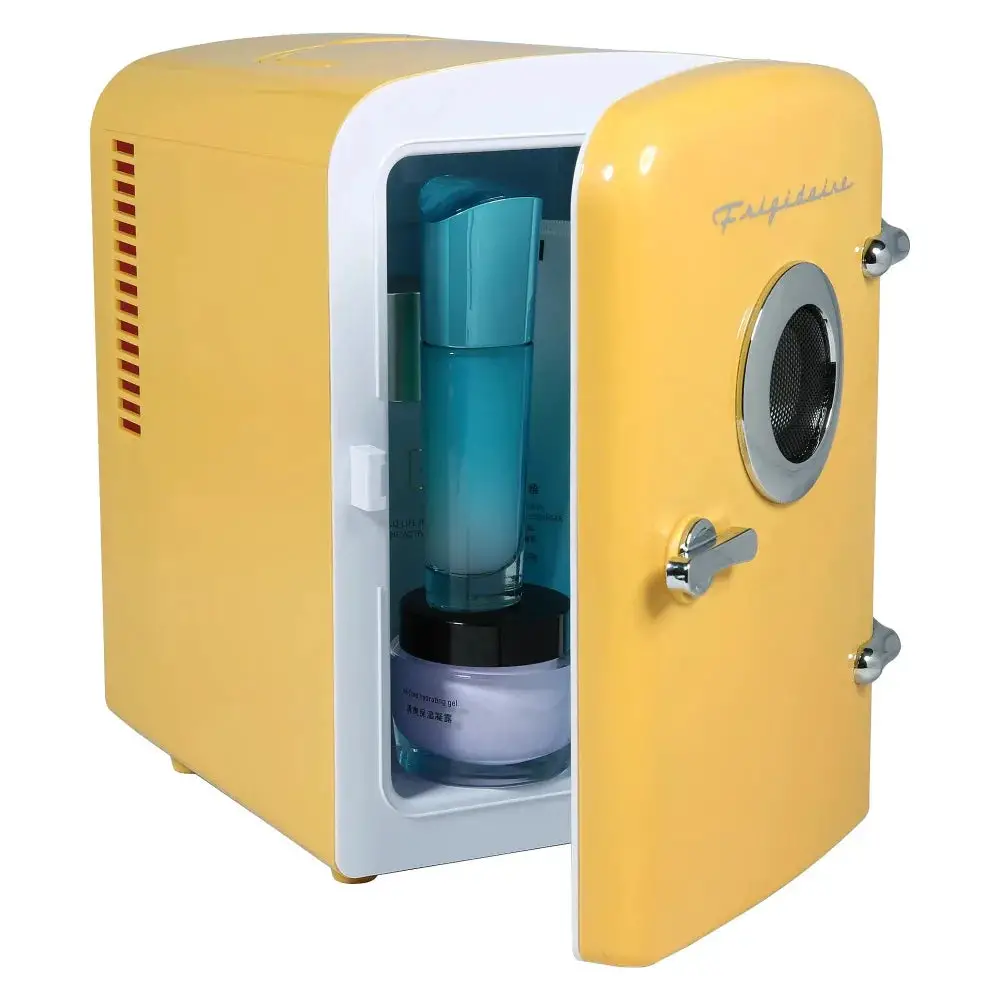 Portable Retro 6-can Mini Cooler, Built-in Bluetooth(R) Speaker, Thermoelectric cooling and warming system, Yellow