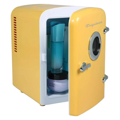 Portable Retro 6-can Mini Cooler, Built-in Bluetooth(R) Speaker, Thermoelectric cooling and warming system, Yellow