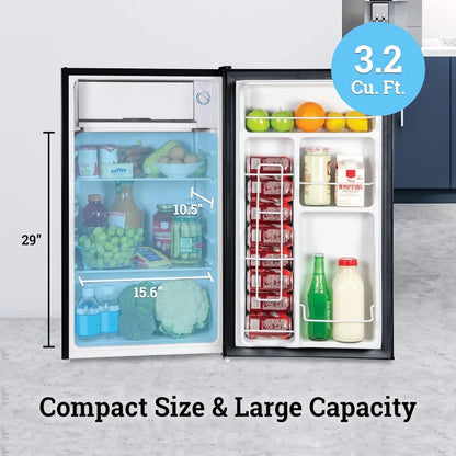 3.2 Cu.Ft. Single Door Compact Refrigerator with Freezer, Slide Out Glass Shelf, Perfect for Homes, Offices, Dorms