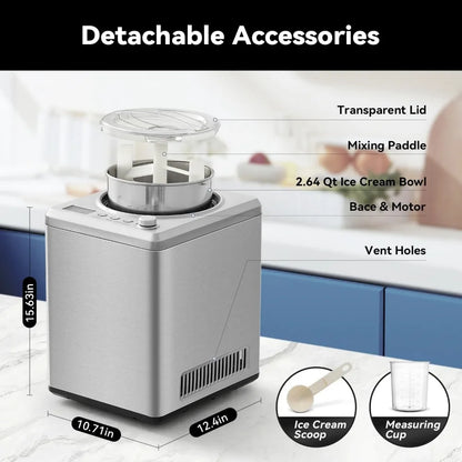 2.5L Automatic Ice Cream Maker Machine with Built-in Compressor - No Pre-Freezing, 3 Modes, LCD Display, Timer,8 Hours Keep Cool