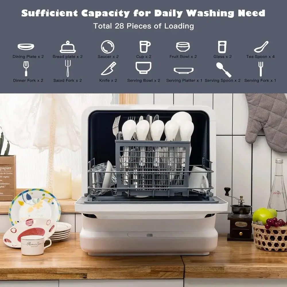 Portable Countertop Dishwasher, with 7.5 L Built-in Water Tank, 360° Dual Spray Arms,Air-Dry Function,Child Lock,Mini Dishwasher