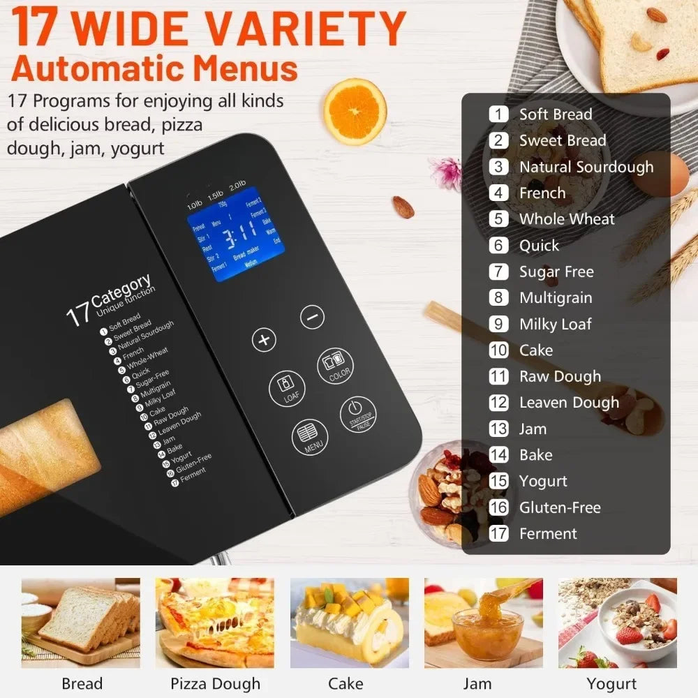 Podwójny podgrzewacz 710 W, wypiekacz do chleba 17 w 1 ze stali nierdzewnej, wypiekacz do chleba z automatycznym dozownikiem orzechów i płytą ceramiczną
