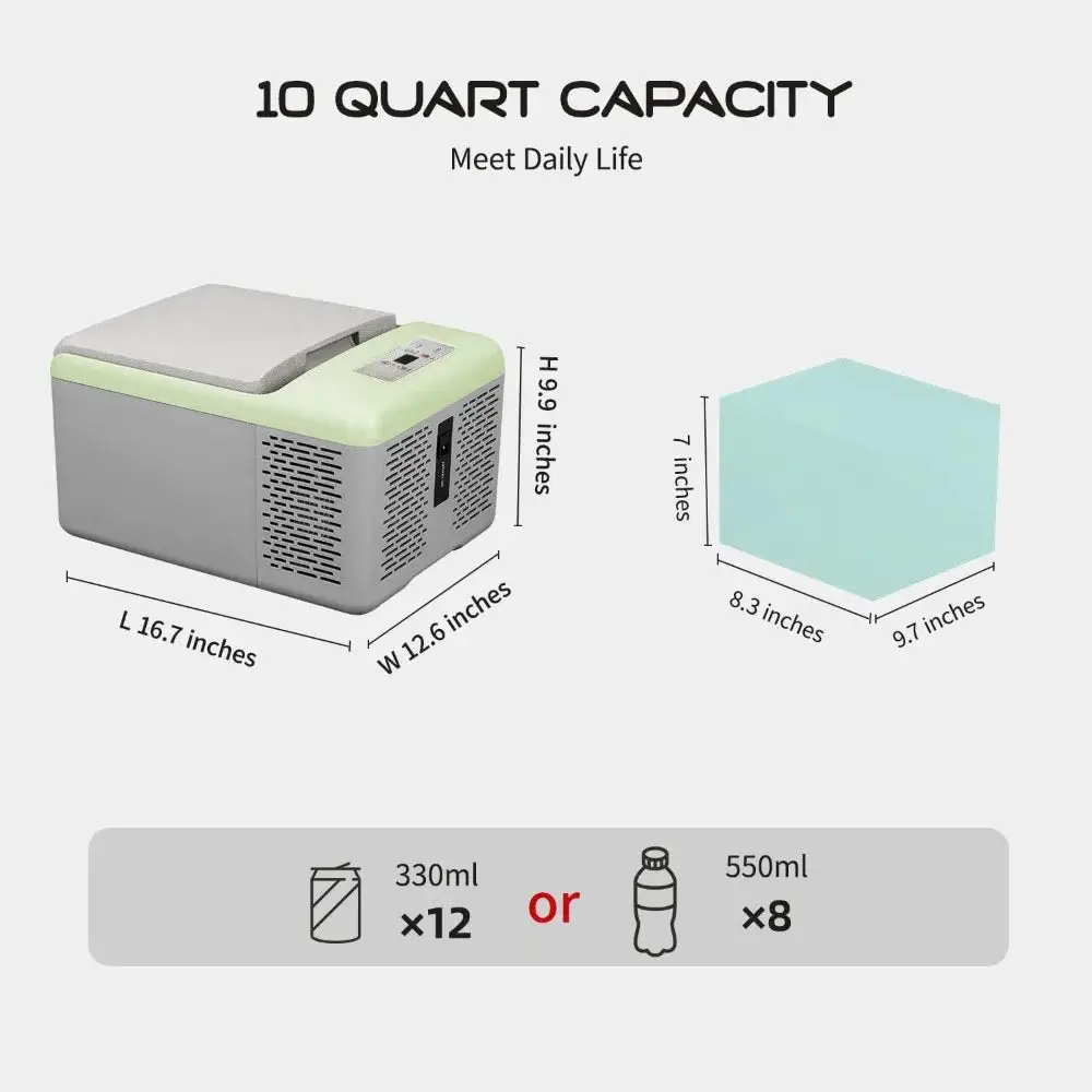 Mini Portable Freezer, 12 Volt Car Refrigerator, 10 Quart Fast Cooling, with 12/24V DC and 100-240V AC for Outdoor, Camping, RV