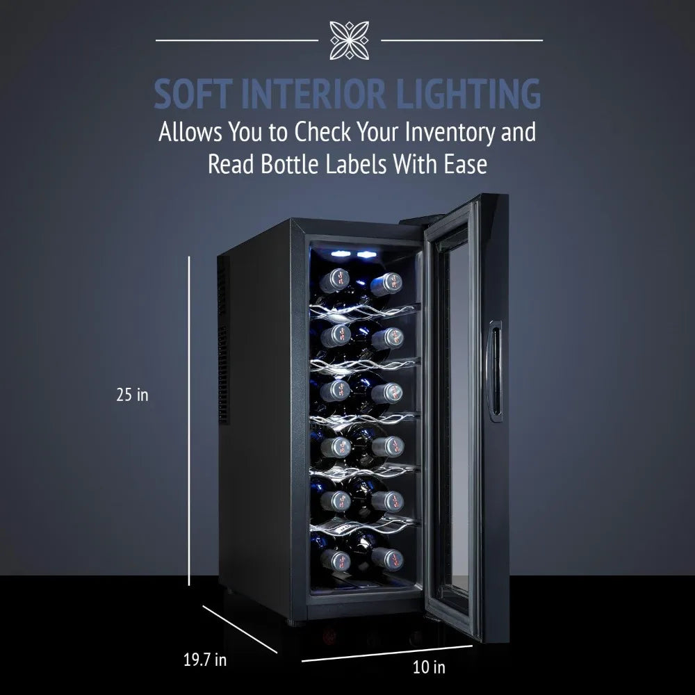 12 Bottle Red and White Wine Thermoelectric Wine Cooler/Chiller, Countertop Wine Cellar with Digital Temperature Display, Black