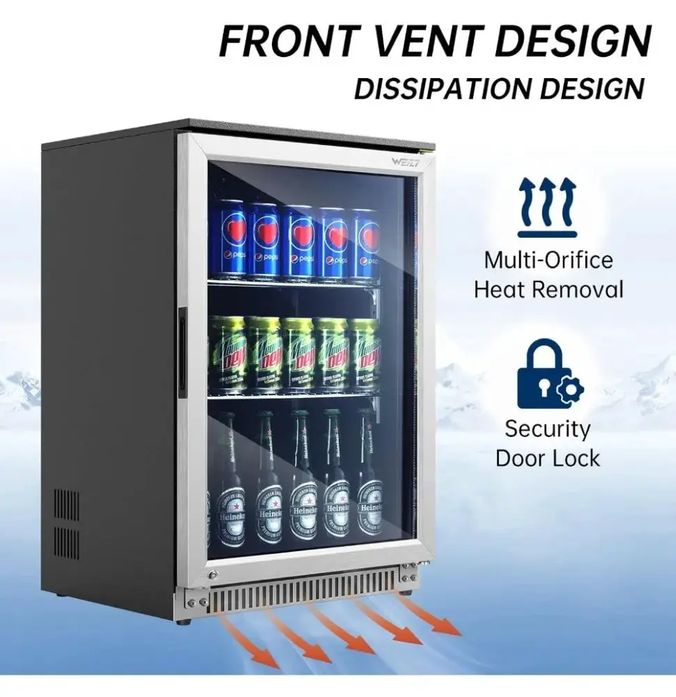 120 Can Mini Fridge with Glass Door, 20 Inch Beverage Fridge with Lock & LED Light, Auto Defrost, 36-50°F Freestanding Cooler