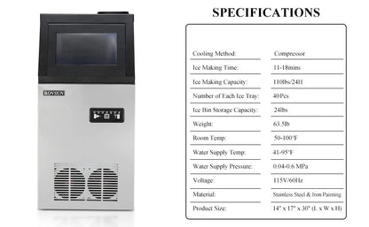 110LBS/24H Commercial Ice Maker Machine with 2 Water Inlets, Freestanding with 24lbs Storage Bin, Ice Scoop & Water Filter