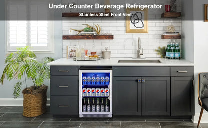 20 Inch Beverage Fridge with Glass Door, 120 Can Mini Fridge with Blue LED Light for Beer, 36-50°F Under Cooler, Auto Defrost