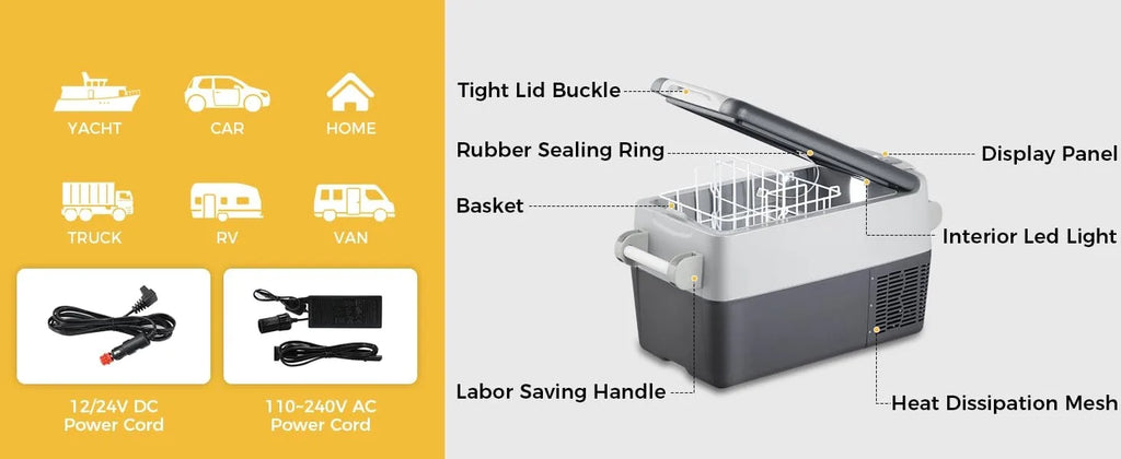 Przenośna lodówka, przenośna zamrażarka, 42 kwarty (40 l) elektryczna chłodziarka, lodówka samochodowa, kabel 12/24 V DC i 110/240 V AC, lodówka samochodowa