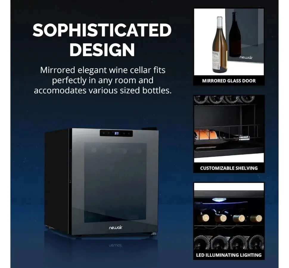 Compact Wine Cooler Refrigerator, 16 Bottle Capacity, Freestanding Countertop Wine Cellar in with UV Protected Glass Door