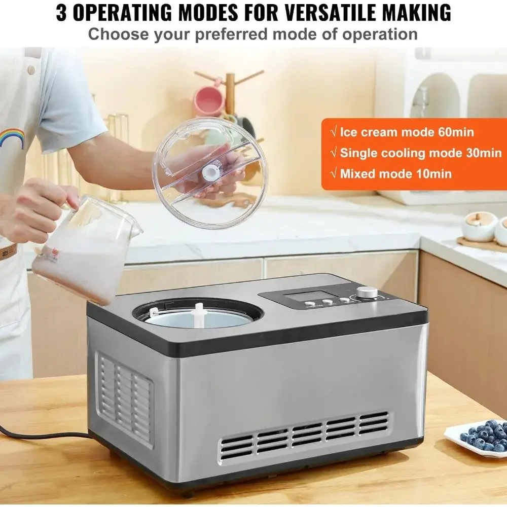 Automatic Ice Cream Maker with Built-in Compressor, 2 Quart No Pre-freezing Fruit Yogurt Machine,3 Modes with LCD Display &Timer